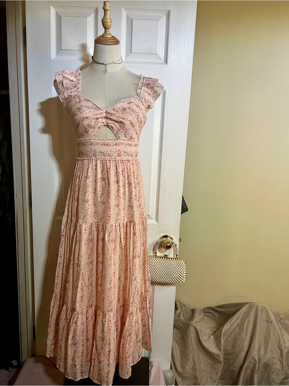 TRIXXI LA Wms Pink‎ Floral Pleated Gauze Crochet Cutout Prairie Midi Dress S